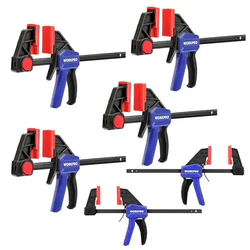 WORKPRO - Juego de 6 abrazaderas de una mano, 150 mm, fuerza de sujeción, 22,5 kg/68 kg, envergadura 150 mm, 4 convencionales y 2 mini bridas para una fijación precisa y carpintería
