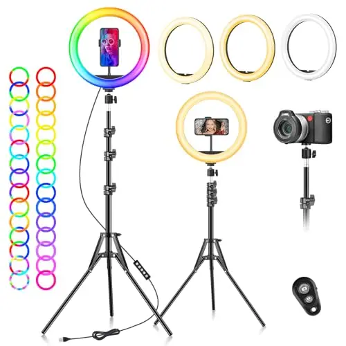 Aro de Luz LED con 2 Trípode, 10'' Anillo de Luz 15 Colores RGB, Regulable Ring Light con Soportes para Teléfono, Control Remoto Inalámbrico para Selfie, Cámara Fotografía, TikTok, Youtube Vídeo