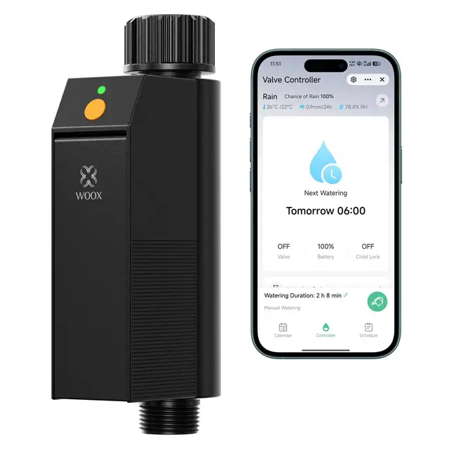 WOOX Programador de Riego WiFi Inteligente, Sin Hub Requerido 2,4GHz Controlador de Riego, App/Control por Voz, IP65 Impermeable Temporizador de Riego Automático con Retraso por Lluvia & Riego Manual