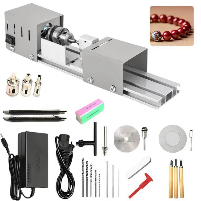 Mini Torno, Mini Torno para Metal 2000–8000 RPM, Eléctrico torno madera con Ajuste de 7 Marchas para Tornear, Rectificar, Pulir, Taladrar y Tallar