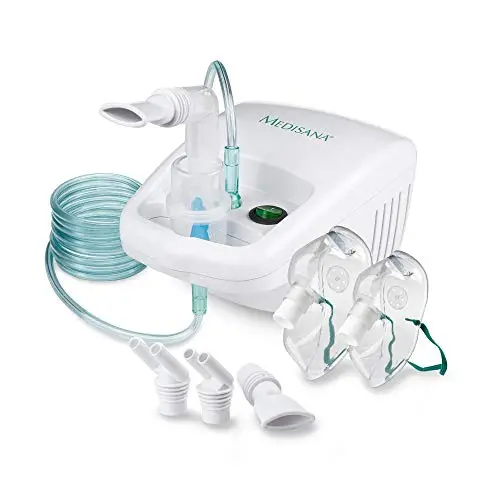Medisana IN 500 Inhalador, Nebulizador compresor con boquilla y mascarilla para adultos y niños, Para resfriados o asma con accesorios extra y tubo largo, Color Blanco