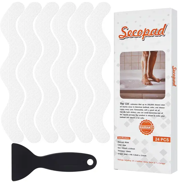 Secopad Pegatinas Antideslizantes para Ducha, 24 unidades, Tiras Adhesivas de Seguridad para Bañera, Ducha, Escaleras, Raspador Incluida (Blanco)