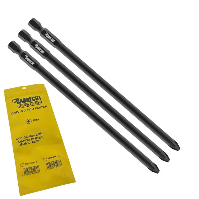3 x SabreCut SCPZ2157_3 157mm PZ2 Destornillador para paneles de yeso en tiras con alimentación automática Punta única PoziDriv POZI No.2 Heavy Duty Compatible con Makita BFR550 6843 DFR550