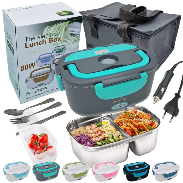 Fiambrera eléctrica portátil moderna y versátil 80W 12V/24V/220V Coche camión y Oficina Calienta comida sin microondas lonchera contenedor acero inoxidable 1,5L Dos divisiones Gris turquesa