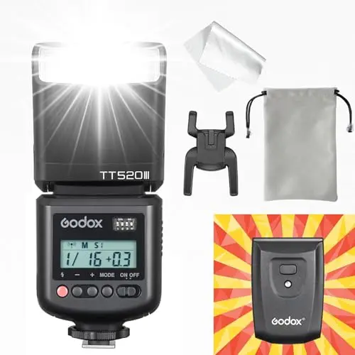 Godox TT520III Cámara flash, TT520 III Speedlite, GN33 8 niveles de potencia, disparo óptico S1/S2, tiempo de carga de 1,8 s, cabezal de giro e inclinación, compatible con Canon, Sony, Nikon, Fujifilm