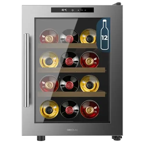 Cecotec Vinoteca Bolero GrandSommelier 1255 CoolWood E, Capacidad 12 Botellas, Estantes de Madera, Control Táctil, Temperatura 8 a 18ºC, Temperatura 8 a 18ºC, Acero Inox