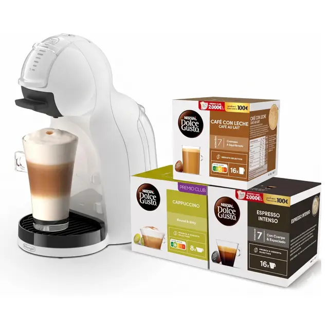 De’Longhi Nescafé Dolce Gusto Mini Me 2 – Cafetera de Cápsulas Automática, 15 Bar, Control LED, Bebidas Calientes y Frías, Diseño Compacto, Bundle 3 Packs de Cápsulas Intensas, Blanca (EDG335.W)