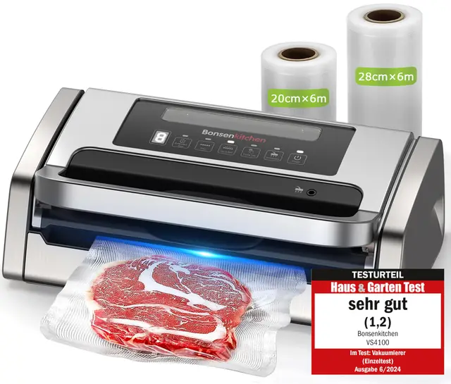 Bonsenkitchen Envasadora al Vacío, Potente y Silencioso, Tecnología Globefish para Trabajo Continuo, Diseño con Mango Bloqueado, Cortador Integrado, 2 Rollos de Bolsas Incluidos, Plata