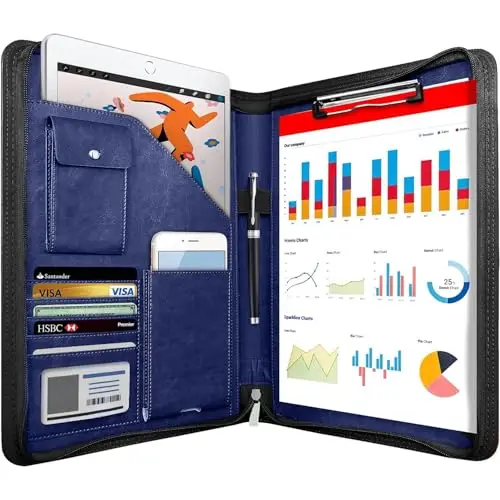NEWYES Portadocumentos de Cuero A4 para Conferencias con Cremallera- Regalo Hombre/Mujer, Carpeta Organizadora Agenda Ideal para Oficina y Viaje de Negocios (Azul)