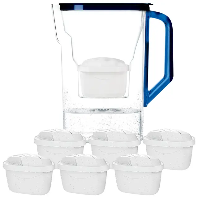 Wessper Jarra Filtradora Agua con Filtros, Jarra para Puerta de Frigorífico de 2,7 Litros, Filtro con Carbón Activo y Resina de Intercambio Iónico, Jarra y Juego de 6 Cartuchos - Azul