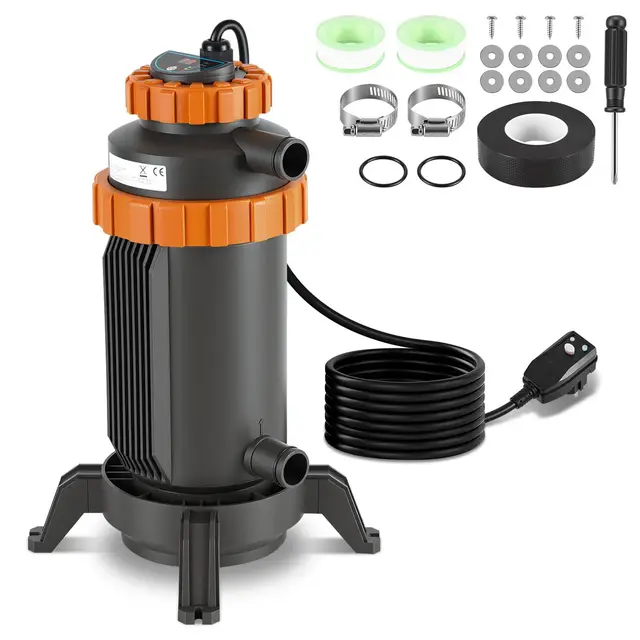 Calefacción eléctrica para piscinas, Ø 29 x 42 cm, con pantalla digital, calefacción para piscinas, interfaz de 32-38 mm, para la mayoría de piscinas pequeñas, protección contra vuelcos, corte