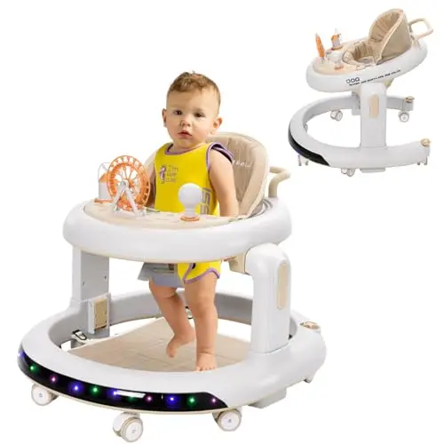 3 en 1 Andador Bebes,6 Altura Ajustable y 2 Niveles Asiento Ajustable,BabyWalker con Ruedas Silenciosas de 360°, Bandeja de Cena y Bandeja de Actividad Musical Extraíble,para Bebés de 6 a 18 Meses