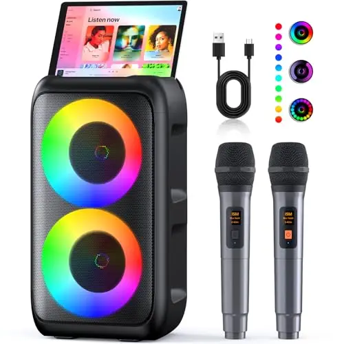 Karaoke 2 Microfonos Inalambricos (2026 Última Generación) | Altavoz con Microfono Bluetooth | Soporta TV/Smartphone/iPad/TWS/AUX/USB/FM | para Party, Cumpleaños, Viajar