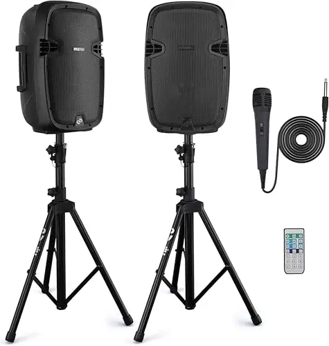 Pyle Soportes para Altavoces de pie, PA 10”, SB/SD/MP3 aux, Karaoke, Microfono, Mando a Distancia, 1000W, Activo, Pasivo, Exteriores