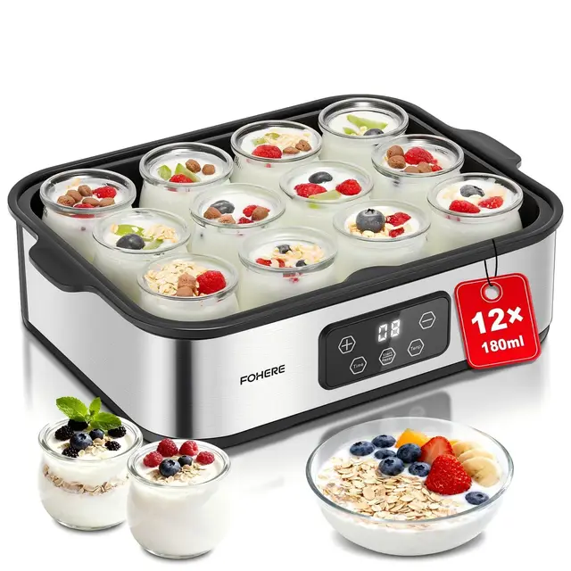 FOHERE Yogurtera con 12 x 180 ml Vasos y Tapas, 25 W Máquina de Yogur Griega, LCD Pantalla de un Solo Toque, Tiempo y Temperatura ajustables, sin BPA, Apagado automático