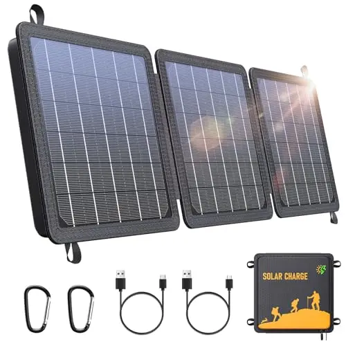 Panel Solar Portatil 15W, Cargador Solar de con Salida USB-C/USB Compatible con Teléfonos y Tabletas, Eficiencia de Conversión del 24%, Impermeable IPX4 para Camping y Emergencia Apagones