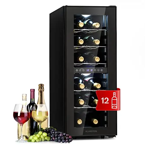 KLARSTEIN Vinoteca de Pie, Nevera para Vinos de Dos Zonas Refrigeración, Nevera para Cervezas Pequeña de Interior/Exterior Puerta de Cristal, Nevera Protección UV, 5-18°C, Botellero 12 Botellas