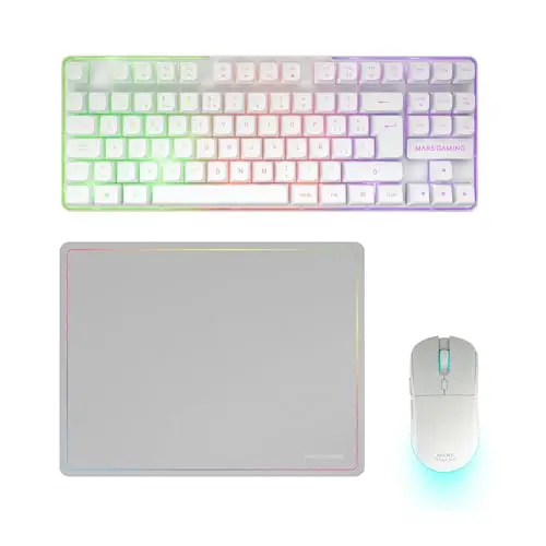 Mars Gaming MCPWTKL, Español, Combo Gaming Inalámbrico, Tecnología DualPro Link 2.4GPRO, Teclado TKL FRGB Rainbow + Ratón RGB 3200DPI y Switches HUANO + Alfombrilla Antideslizante 360x260mm, Blanco