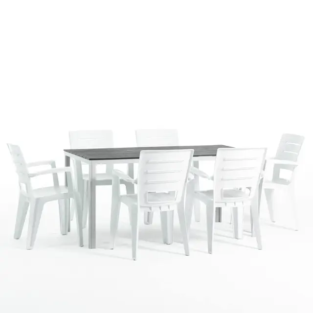 Conjunto jardín exterior mesa y sillas para 6 personas, mesa rectangular de acero con listones de polietileno efecto madera, 6 sillas apilables de resina - Thomas & Anita (Blanco/Pizarra)