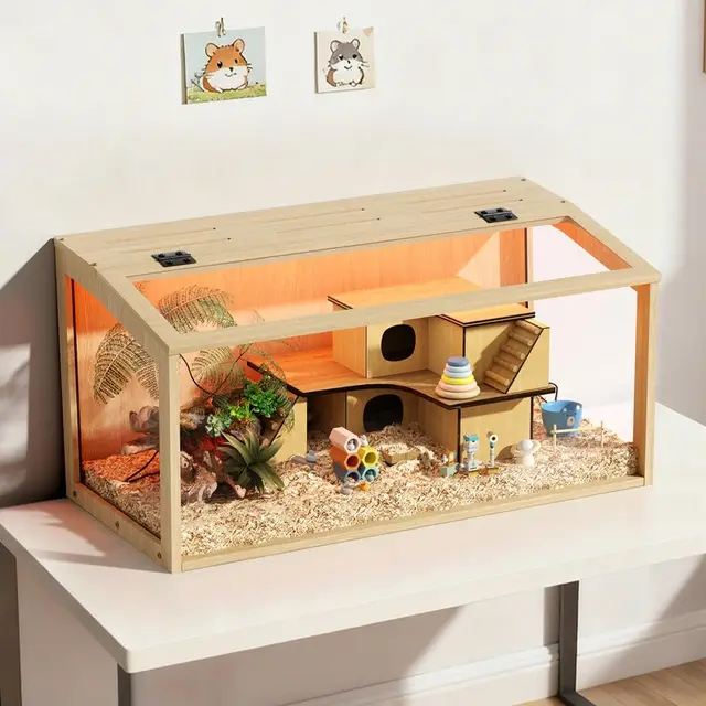 BingoPaw Jaula para Hámster, 80x40x40cm Jaula Hamster Madera con Luces LED Integradas y Paredes de Vidrio Templado para Hámsters Enanos Jerbos y Animales Pequeños