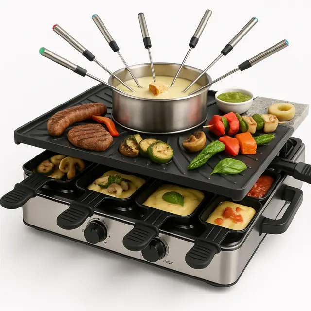 Set de fondue y raclette para 8 personas con sartenes y raspador - Inoxidable y regulable (Set de fondue)