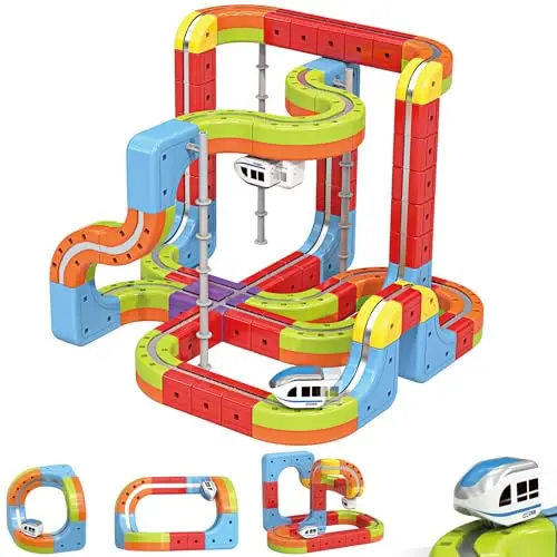 Tren Eléctrico Juguete 88 Piezas, Regalo para Niños 3-12 Años, Kit de Vías de Cubos 3D DIY con 2 Trenes Electricos, Creativo Juego de Construcción