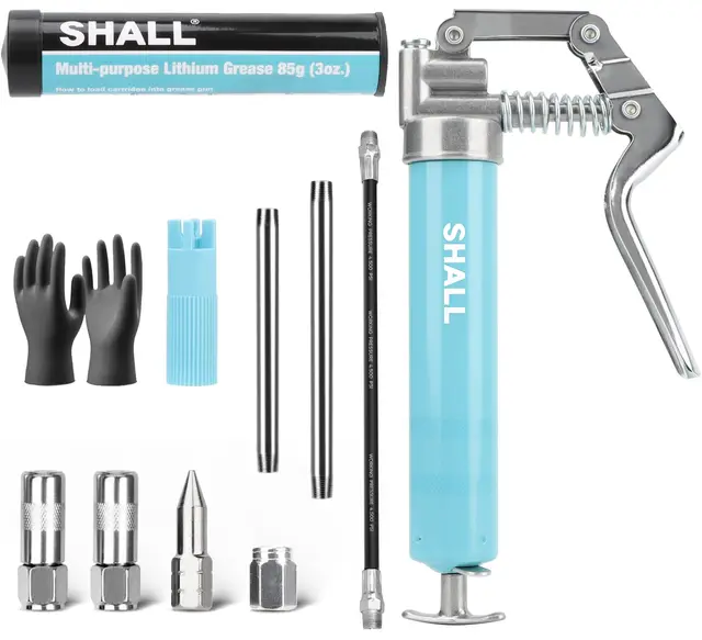 SHALL Mini pistola engrasadora, kit de pistola engrasadora pequeña (capacidad de 3.52 oz, 3000 PSI), boquilla afilada, adaptador de extensión, guante de PVC reforzado y limpiador de accesorios Zerk