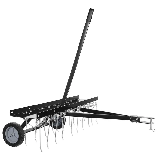 Wiltec Escarificador de césped 100 cm de ancho de trabajo muelles de acero 16,5 cm altura regulable 18 y 22 cm ruedas resistentes 15 Kg de peso aireador quita musgo rastrillo para tractor cortacésped