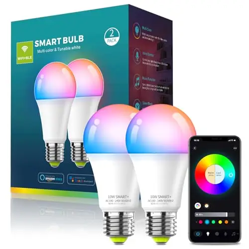 Oumida Bombilla LED Inteligente Wi-Fi, Multicolor, Regulable, Bombilla RGB,Casquillo E27, 9W, 806 lúmenes para Google Home/Alexa,Paquete 2