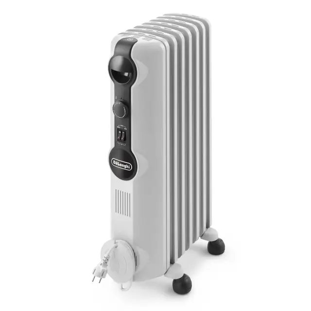 De'Longhi Radia S – Radiador de Aceite para Estancias de Hasta 45 m³, Calefactor Eléctrico con Termostato de Seguridad, 7 Aletas, Función Antiheladas, Portátil, 1500W, Blanco (TRRS0715)