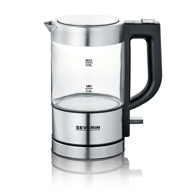 SEVERIN - Mini hervidor de agua 0,5 l, jarra eléctrica de cristal pequeña con filtro antical lavable, base de 360° giratoria y inalámbrica, libre de BPA, acero inoxidable, 1100 W, WK 3472