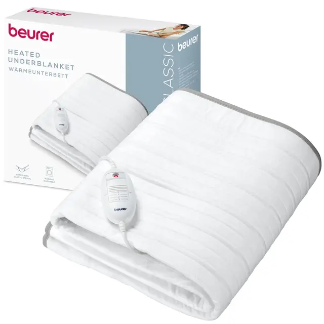 Beurer TS 17 Calientacamas eléctrico, Material no Tejido Suave, Antideslizante Gracias a la fijación con Cinta elástica, 3 Niveles de Temperatura, 150 x 80 cm, Sistema de Seguridad