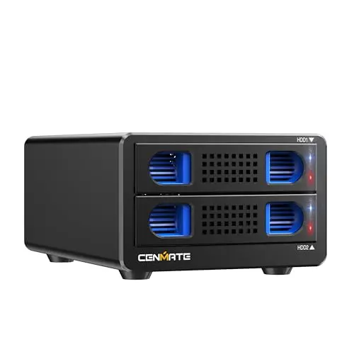 CENMATE Caja de Disco Duro de Aluminio de Doble bahía con Ventilador para 2.5/3.5 SATA HDD/SSD con USB A/C 3.0, Caja para Disco Duro sin Herramientas, Expansión Daisy Chain, Das(NO Raid/NAS)