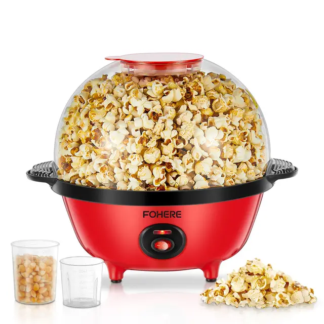 FOHERE 4,5L Palomitero, 700W Maquina Palomitas Incluye 2 Tazas Medidoras de Granos de Maíz, Azúcar y Aceite, Agitación Automática Electrico Palomitera para las Vacaciones y las Noches de Cine, Rojo