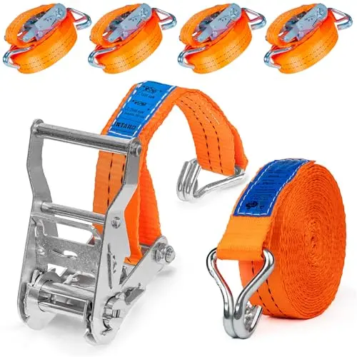 INTAKO - Cinchas de Amarre con Carraca - 4/6 / 8 m 2000 kg 35 mm - 4 Piezas - Eslingas de Carga - Cinta de Amarre con Trinquete (Naranja, 6m)