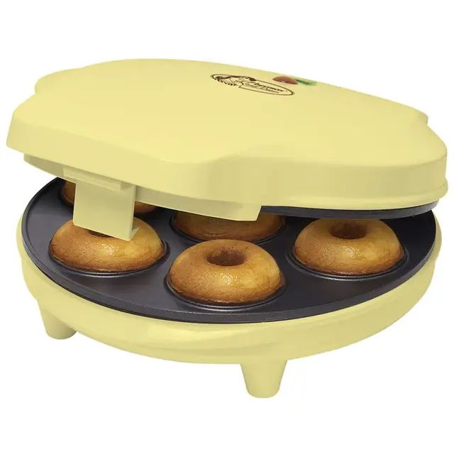 Bestron Donut Maker en diseño retro, mini donut maker eléctrica para 7 pequeños donuts, incl. semáforo de cocción y revestimiento antiadherente, 700 vatios, color: amarillo