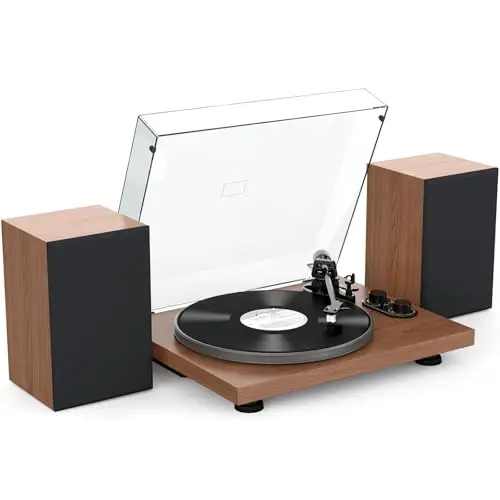 Udreamer Tocadiscos con Bluetooth, Sistema Hi-Fi con Altavoces de estantería de 40 W, Reproductor de Vinilo con Plato de Aluminio, transmisión por Correa de 2 velocidades, AT-3600L, marrón