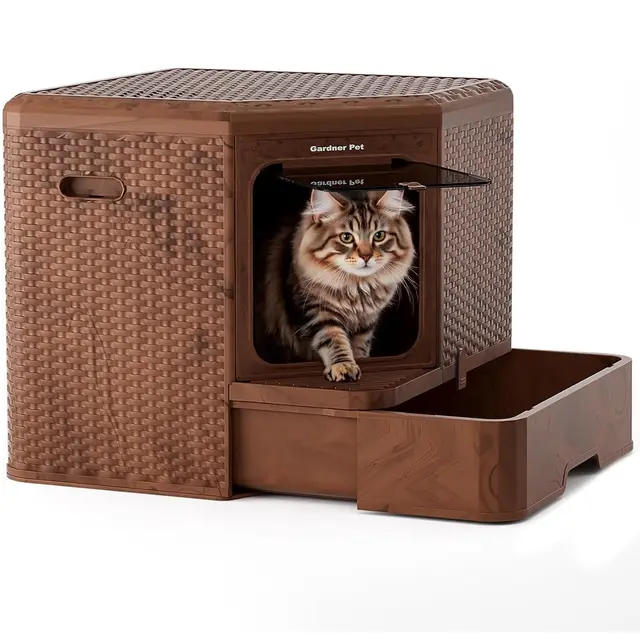 Gardner Pet Arenero Gato Cerrado con Fondo Extraíble – Diseño Estilizado para Hogar, Material PP Reciclable, Filtración Anti-Olores, Dimensiones 50x50x50 cm, Color Madera Oscura