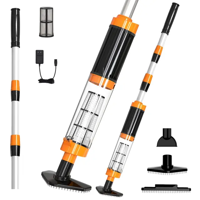 Aspirador de Piscina a Bateria, 3 en 1 Limpiafondos para Piscina Inalámbrica con Mango Telescópico, Aspiradora Manual para SPA, Piscina Pequeñas, 90 Minutos Limpieza, Naranja