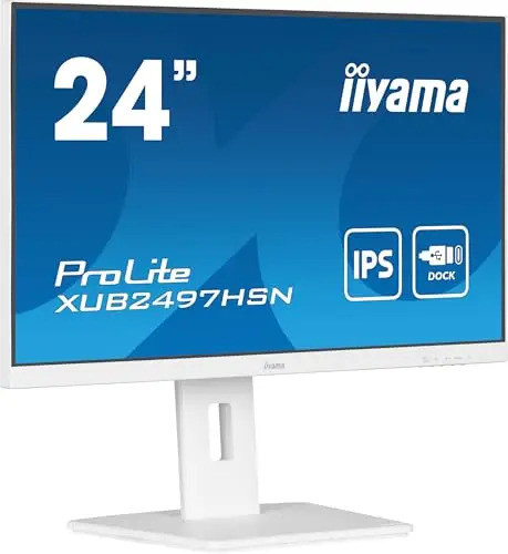 iiyama XUB2497HSN-W2 Pantalla IPS de 24 Pulgadas (Bisel Blanco) USB-C de 65 W, Carga de 4 ms, Full HD 1920 x 1080, RJ45/HDMI/DP, 1 Salida DP-out (MST), 4 concentradores USB, Soporte Ajustable en