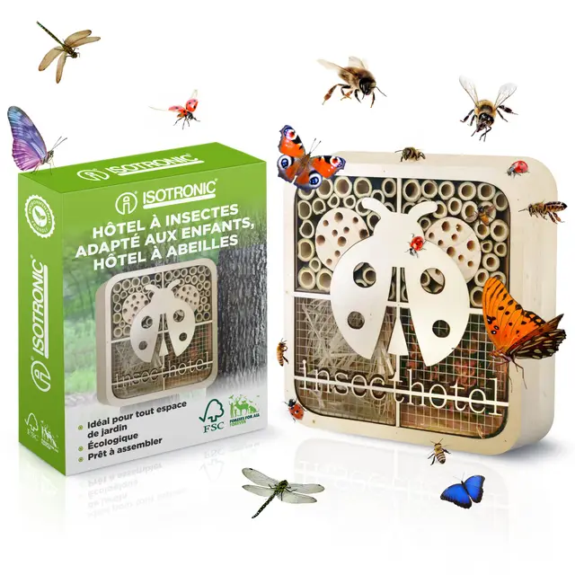 ISOTRONIC Hotel para insectos | Casa de insectos ecológica para mariquitas, abejas y otros insectos en el jardín | Abeja Hotel de madera natural para niños (mariquita)