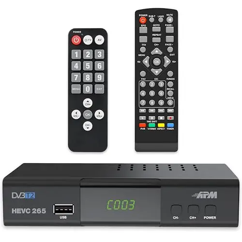 APM Decodificador TNT Full HD 1080p, Sintonizador TNT H.265 HEVC, Control Remoto simplificado, Demodulador DVB-T2 DVB-C Puertos HDMI, Peritel, USB, Coax. Canales Terrestres Gratis Francia Alemania