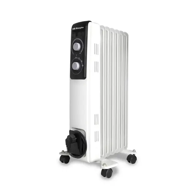Orbegozo RF 1500, Radiador eléctrico bajo consumo, 1500 W, 3 potencias de calor, 7 elementos, termostato regulable, sistema de protección contra sobrecalentamiento, ruedas pivotantes, color blanco