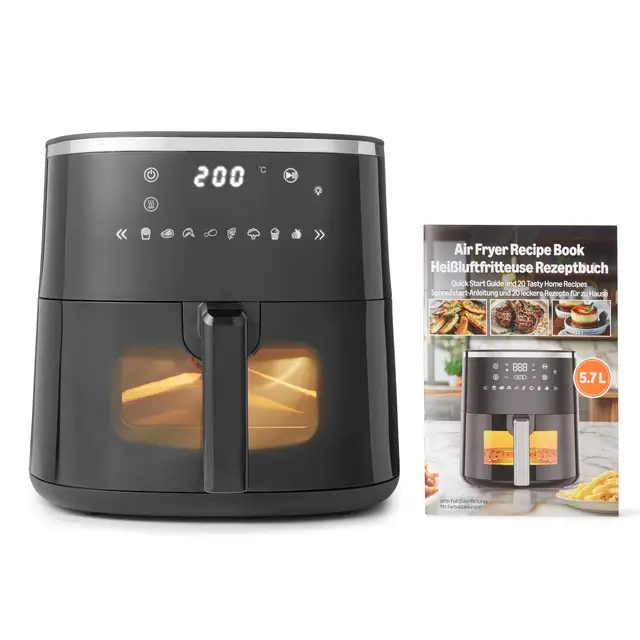 Amazon Basics Freidora de Aire, 5,7L con Ventana de Fácil Visualización, 8 Menús Preestablecidos, 1750W, Color Negro