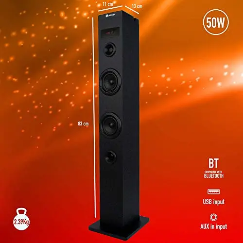 NGS Sky Charm – Torre de Sonido Bluetooth 50 W con Mando a Distancia, Entrada Óptica para TV, Puerto USB, Radio FM y Entrada AUX IN, Compatible con TV, Color Negro