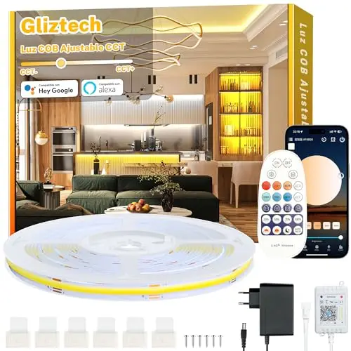 Gliztech 10M Tira Led Cob Blanca Compatible con Alexa, 3000k a 6500k Led Cob Dimmer, Tiras Led de Interior Ultra Brillante, Luz Led Adhesiva para Habitacion Cocina con Control Remoto y Aplicación