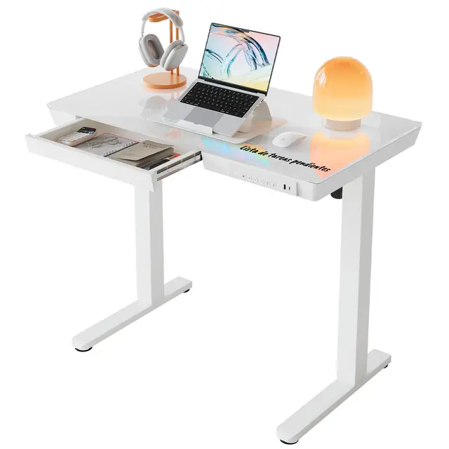 HUANUO 88 x 50 cm Escritorio Elevable, Mesa Elevable de Vidrio con Cajón, Puerto Carga USB y Panel Inteligente de 3 Memorias, Vidrio Blanco