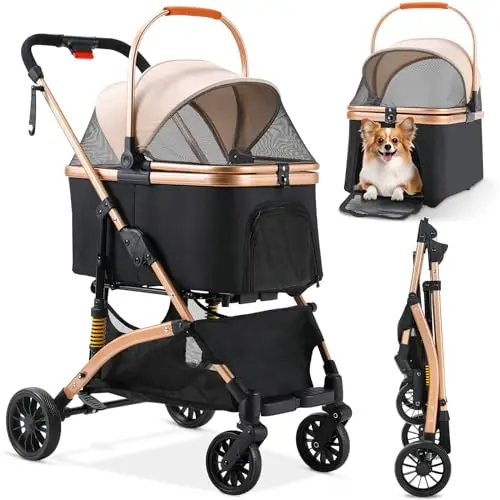 MAMIZO Carro para Perros 3 en 1,Cochecito Plegable con Cesta de Almacenamiento,Ventanas de Malla y Soporte para Bebidas,para Perros y Gatos,hasta 20 kg,4 Ruedas Giratorias 360°,Champán