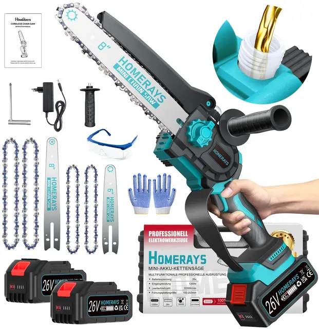 Mini Motosierra Bateria 8000mAh, Homerays 6 y 8" motosierra Inalámbrica con Engrasador Automáticopara y 2 * 4000mAh Baterías, Motosierra Inalámbrica Portátil para Podar Árboles de Jardinería