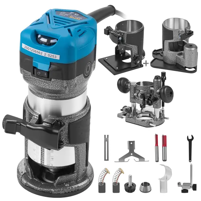 VEVOR Kit de Enrutador Compacto de Arranque Suave de 710W Velocidad 10.000-30.000 RPM Fresadora de Madera Rebajadora Eléctrica multifunción base de refrigeración y base inclinada y base Offset